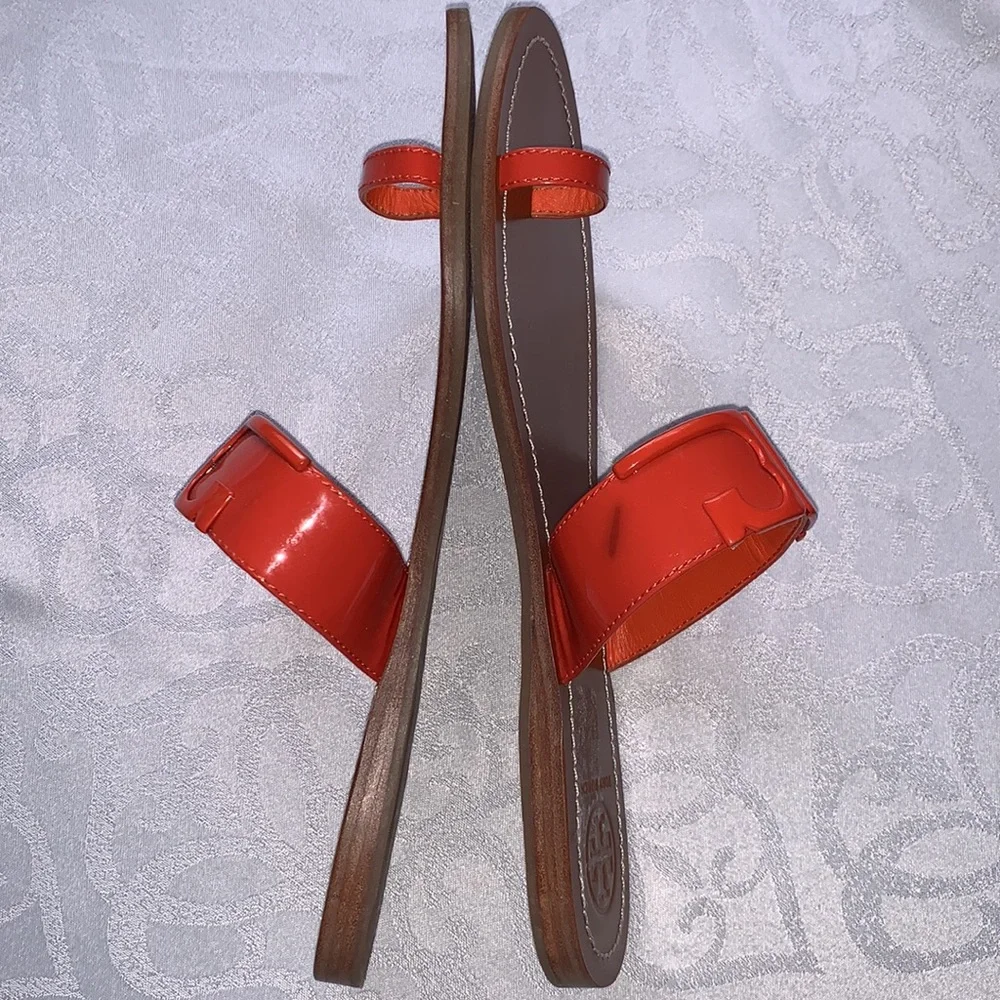 TORY BURCH Marcia Patent Toe-Ring Sandal, Brilliant Red Size 10.5M